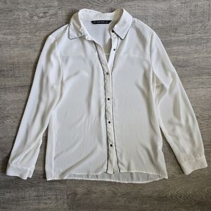 Zara White Satin Long Sleeve Blouse Silver Trim